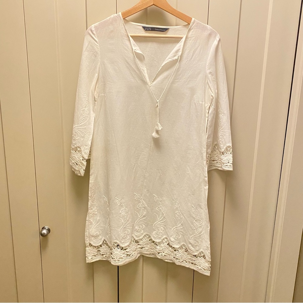 Zara Basic -White Lace, Embroidered Swim Cover Up- Boho-Romantic-Vintage-Size XS